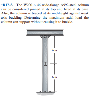 *R17-8. The W200 × 46 wide-flange A992-steel column
can be considered pinned at its top and fixed at its base.
Also, the column is braced at its mid-height against weak
axis buckling. Determine the maximum axial load the
column can support without causing it to buckle.
6 m
6 m
