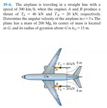 19-6. The airplane is traveling in a straight line with a
speed of 300 km/h, when the engines A and B produce a
thrust of TA = 40 kN and Tg = 20 kN, respectively.
Determine the angular velocity of the airplane in t=5 s. The
plane has a mass of 200 Mg, its center of mass is located
at G, and its radius of gyration about G is kg=15 m.
TA = 40 kN 8 m
G.
T = 20 kN
