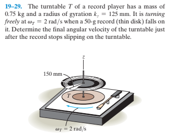 19–29. The turntable T of a record player has a mass of
0.75 kg and a radius of gyration k, = 125 mm. It is turning
freely at w, = 2 rad/s when a 50-g record (thin disk) falls on
it. Determine the final angular velocity of the turntable just
after the record stops slipping on the turntable.
150 mm
wr = 2 rad/s
