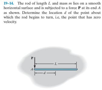 19–14. The rod of length L and mass m lies on a smooth
horizontal surface and is subjected to a force P at its end A
as shown. Determine the location d of the point about
which the rod begins to turn, i.e, the point that has zero
velocity.
L-
Ed -

