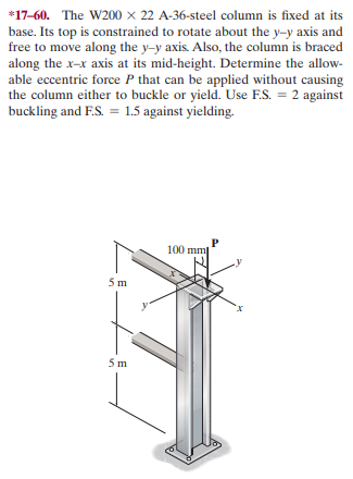 *17-60. The W200 × 22 A-36-steel column is fixed at its
base. Its top is constrained to rotate about the y-y axis and
free to move along the y-y axis. Also, the column is braced
along the x-x axis at its mid-height. Determine the allow-
able eccentric force P that can be applied without causing
the column either to buckle or yield. Use F.S. = 2 against
buckling and F.S. = 1.5 against yielding.
100 mm
5m
