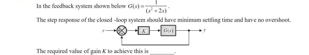In the feedback system shown below G(s)=-
(s² +2s)
The step response of the closed -loop system should have minimum settling time and have no overshoot.
G(s)
K
The required value of gain K to achieve this is
V