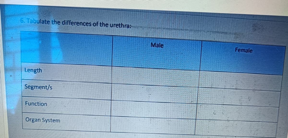 6. Tabulate the differences of the urethra:
Length
Segment/s
Function
Organ System
Male
DE
Female