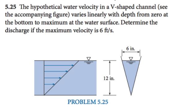 5.25 The hypothetical water velocity in a V-shaped channel (see
the accompanying figure) varies linearly with depth from zero at
the bottom to maximum at the water surface. Determine the
discharge if the maximum velocity is 6 ft/s.
6 in.
12 in.
PROBLEM 5.25
