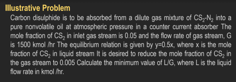 Illustrative Problem
Carbon disulphide is to be absorbed from a dilute gas mixture of CS2-N2 into a
pure nonvolatile oil at atmospheric pressure in a counter current absorber The
mole fraction of CS, in inlet gas stream is 0.05 and the flow rate of gas stream, G
is 1500 kmol /hr The equilibrium relation is given by y=0.5x, where x is the mole
fraction of CS, in liquid stream It is desired to reduce the mole fraction of CS, in
the gas stream to 0.005 Calculate the minimum value of L/G, where L is the liquid
flow rate in kmol /hr.
