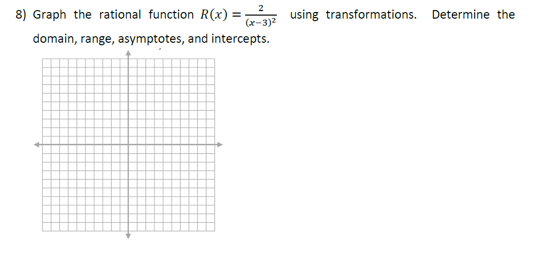 8) Graph the rational function R(x) =
using transformations.
Determine the
(х-3)2
domain, range, asymptotes, and intercepts.
