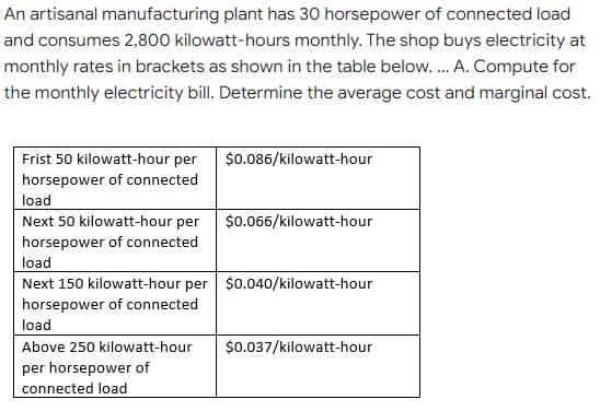 An artisanal manufacturing plant has 30 horsepower of connected load
and consumes 2,800 kilowatt-hours monthly. The shop buys electricity at
monthly rates in brackets as shown in the table below.. A. Compute for
the monthly electricity bill. Determine the average cost and marginal cost.
Frist 50 kilowatt-hour per
$0.086/kilowatt-hour
horsepower of connected
load
Next 50 kilowatt-hour per
$0.066/kilowatt-hour
horsepower of connected
load
Next 150 kilowatt-hour per $0.040/kilowatt-hour
horsepower of connected
load
Above 250 kilowatt-hour
$0.037/kilowatt-hour
per horsepower of
connected load
