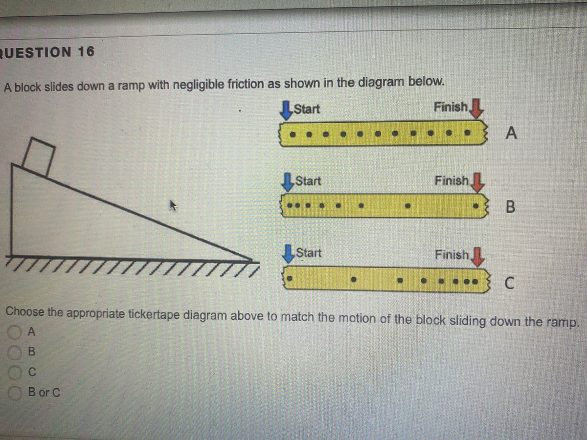 QUESTION 16
A block slides down a ramp with negligible friction as shown in the diagram below.
Start
Finish
,
• ..
....
Start
Finish.
B.
Start
Finish
....
Choose the appropriate tickertape diagram above to match the motion of the block sliding down the ramp.
B or C
A.
