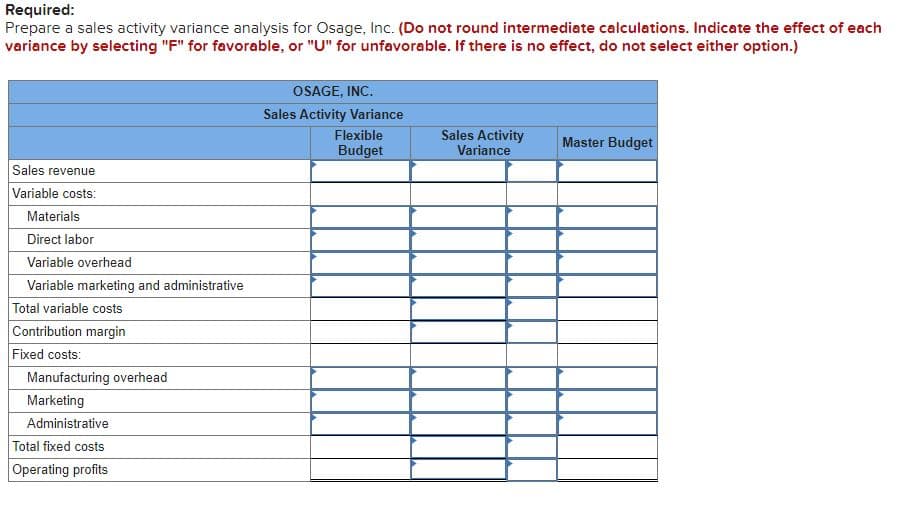 Required:
Prepare a sales activity variance analysis for Osage, Inc. (Do not round intermediate calculations. Indicate the effect of each
variance by selecting "F" for favorable, or "U" for unfavorable. If there is no effect, do not select either option.)
OSAGE, INC.
Sales Activity Variance
Flexible
Budget
Sales Activity
Variance
Master Budget
Sales revenue
Variable costs:
Materials
Direct labor
Variable overhead
Variable marketing and administrative
Total variable costs
Contribution margin
Fixed costs:
Manufacturing overhead
Marketing
Administrative
Total fixed costs
Operating profits
