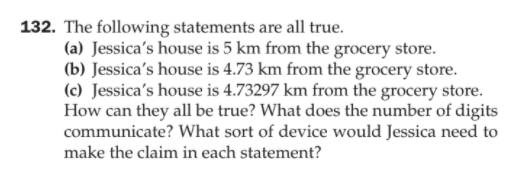 132. The following statements are all true.
(a) Jessica's house is 5 km from the grocery store.
(b) Jessica's house is 4.73 km from the grocery store.
(c) Jessica's house is 4.73297 km from the grocery store.
How can they all be true? What does the number of digits
communicate? What sort of device would Jessica need to
make the claim in each statement?
