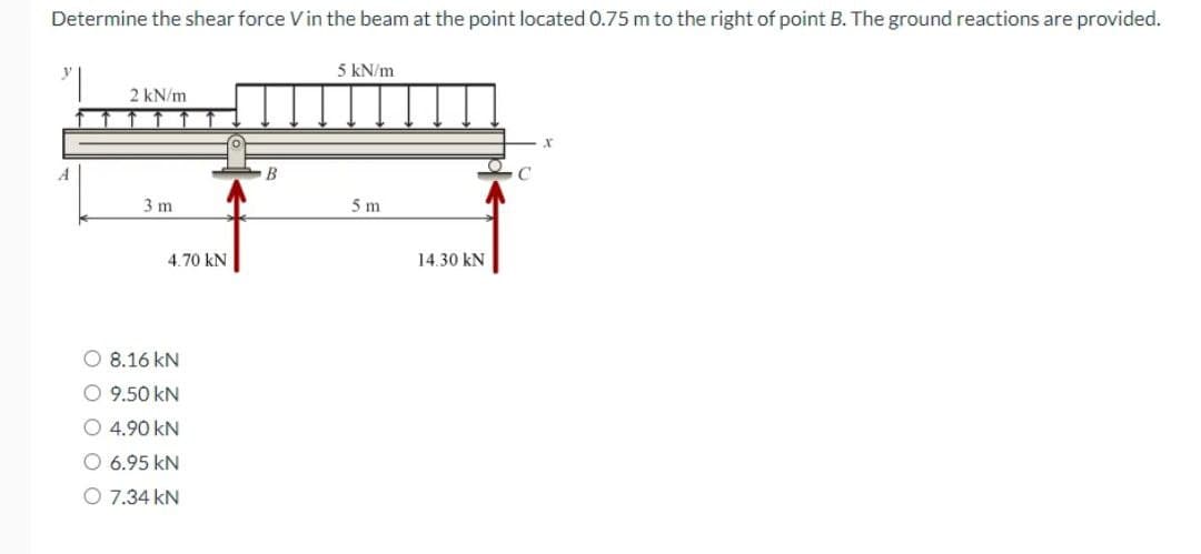 Determine the shear force V in the beam at the point located 0.75 m to the right of point B. The ground reactions are provided.
2 kN/m
3 m
4.70 KN
8.16 KN
O 9.50 KN
4.90 KN
O 6.95 KN
O 7.34 KN
B
5 kN/m
5 m
14.30 kN
C