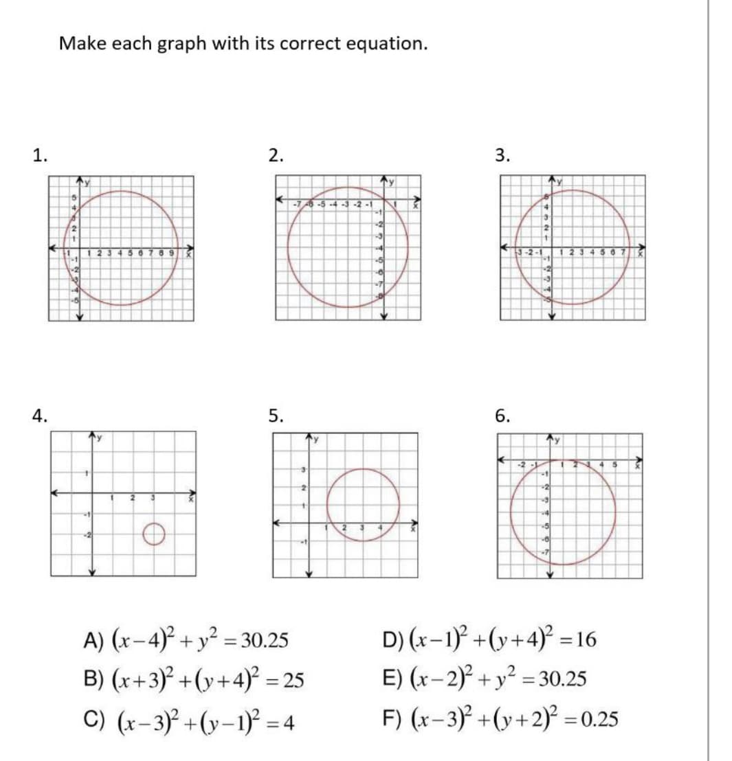 Make each graph with its correct equation.
1.
2.
3.
-78 -5 -4
-2-1
456789
3-2-8
4.
5.
6.
Ay
Ty
Ty
D) (x-1)° +(y+4)° =16
A) (x-4) + y² = 30.25
B) (x+3)° +(y+4) = 25
E) (x-2) + y² = 30.25
C) (x-3)° +(y-1)° = 4
F) (x-3) +(y+2) =0.25
