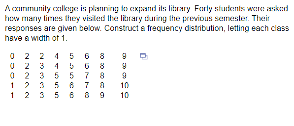 A community college is planning to expand its library. Forty students were asked
how many times they visited the library during the previous semester. Their
responses are given below. Construct a frequency distribution, letting each class
have a width of 1.
2
2
4
5
8
9
2
3
4
5
6
8
9
2
5
7
8
9
1
2
3
5
7
8
10
1
2
3
5
6
8
9
10
