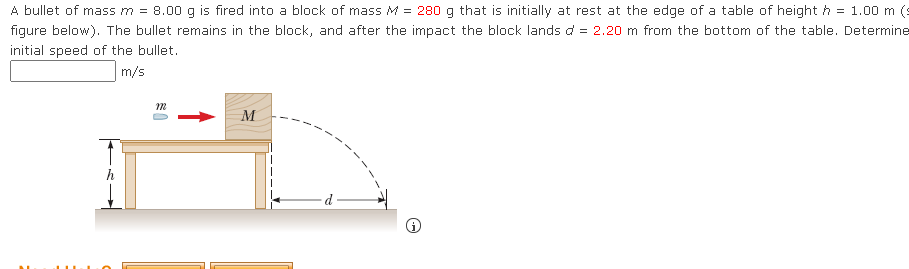 A bullet of mass m = 8.00 g is fired into a block of mass M = 280 g that is initially at rest at the edge of a table of height h = 1.00 m (s
figure below). The bullet remains in the block, and after the impact the block lands d = 2.20 m from the bottom of the table. Determine
initial speed of the bullet.
m/s
M
h
