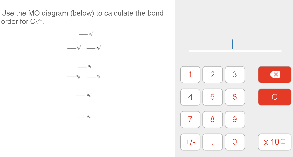 Use the MO diagram (below) to calculate the bond
order for C2.
Op
1
2
3
4
7
8
+/-
х 100
