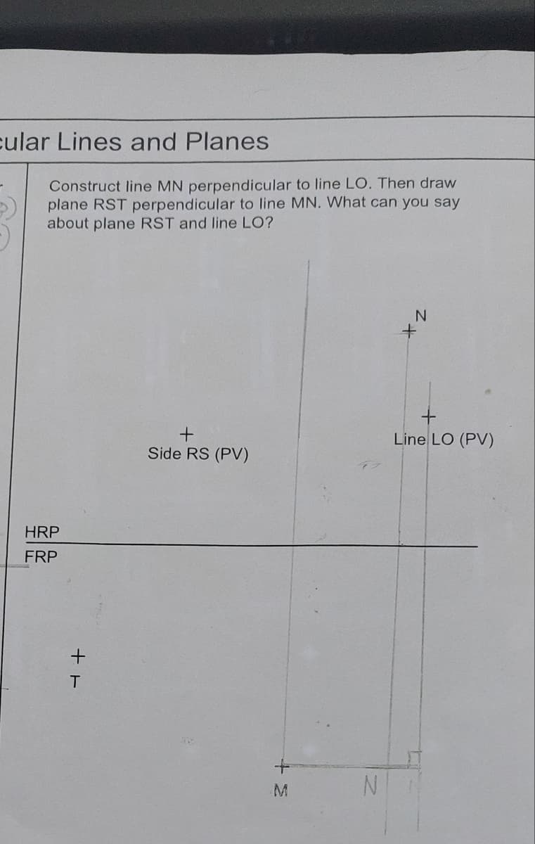 cular Lines and Planes
Construct line MN perpendicular to line LO. Then draw
plane RST perpendicular to line MN. What can you say
about plane RST and line LO?
HRP
FRP
++
+
Side RS (PV)
+ E
M
N
N
Line LO (PV)