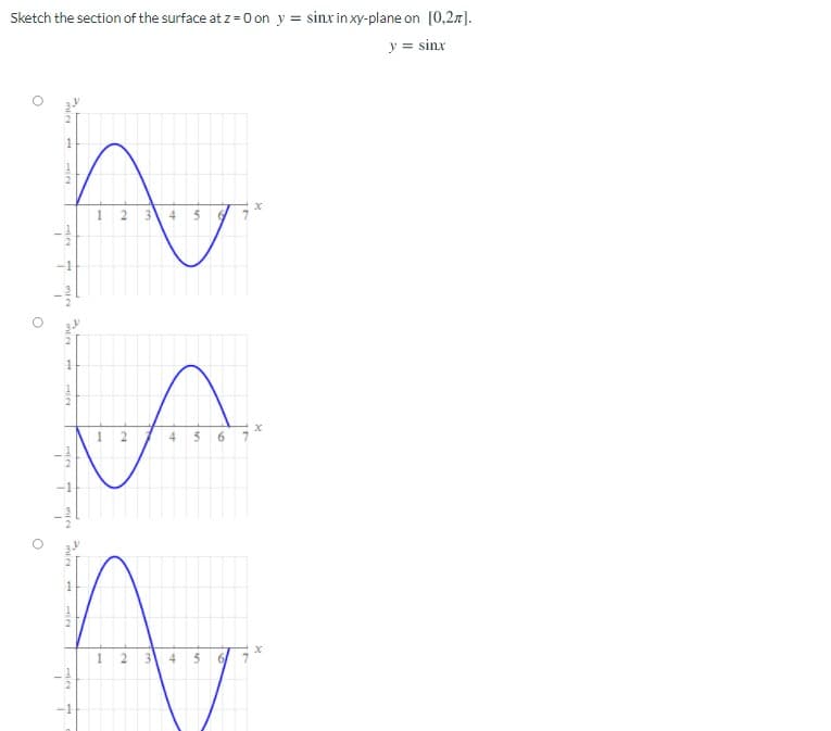 Sketch the section of the surface at z = 0 on y = sinx in xy-plane on [0,27).
y = sinx
1
3.
4
6/
2.
2.
2.
