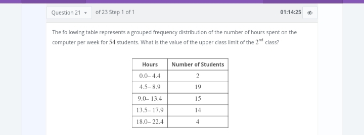 Question 21
of 23 Step 1 of 1
The following table represents a grouped frequency distribution of the number of hours spent on the
computer per week for 54 students. What is the value of the upper class limit of the 2nd class?
Hours
0.0-4.4
4.5-8.9
9.0-13.4
13.5-17.9
18.0-22.4
01:14:25
Number of Students
2
19
15
14
4