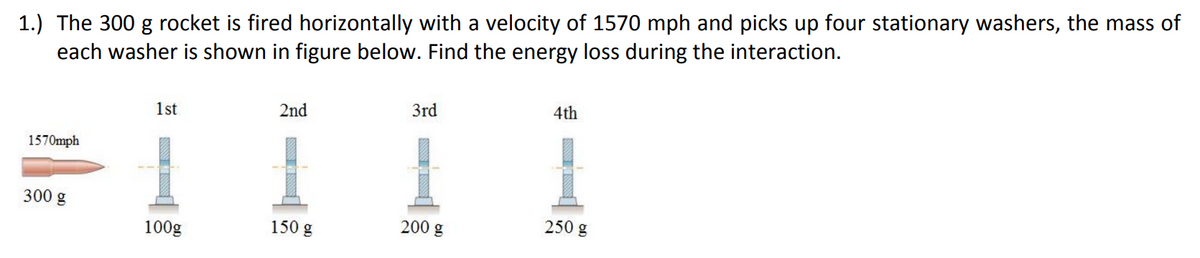 1.) The 300 g rocket is fired horizontally with a velocity of 1570 mph and picks up four stationary washers, the mass of
each washer is shown in figure below. Find the energy loss during the interaction.
3rd
4th
1st
2nd
1570mph
300 g
150 g
200 g
250 g
100g
