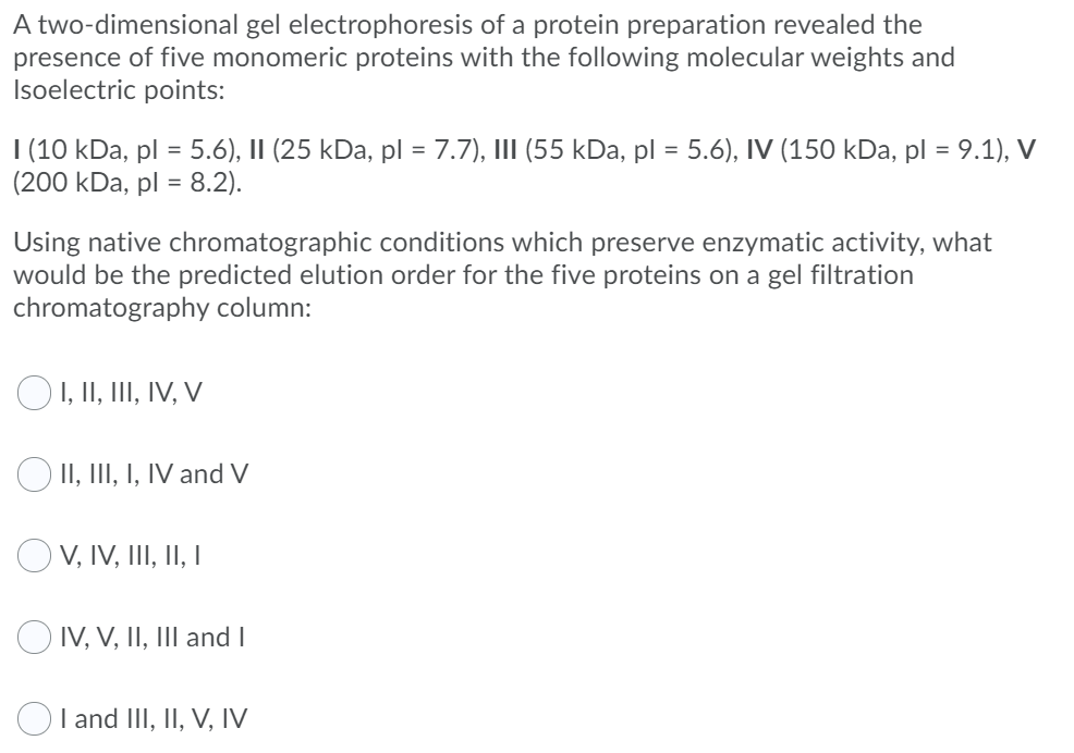 A two-dimensional gel electrophoresis of a protein preparation revealed the
presence of five monomeric proteins with the following molecular weights and
Isoelectric points:
| (10 kDa, pl = 5.6), II (25 kDa, pl = 7.7), III (55 kDa, pl = 5.6), IV (150 kDa, pl = 9.1), V
(200 kDa, pl = 8.2).
Using native chromatographic conditions which preserve enzymatic activity, what
would be the predicted elution order for the five proteins on a gel filtration
chromatography column:
O1, II, II, IV, V
O II, III, I, IV and V
OV, IV, III, II, I
O IV, V, II, III and I
I and III, II, V, IV
