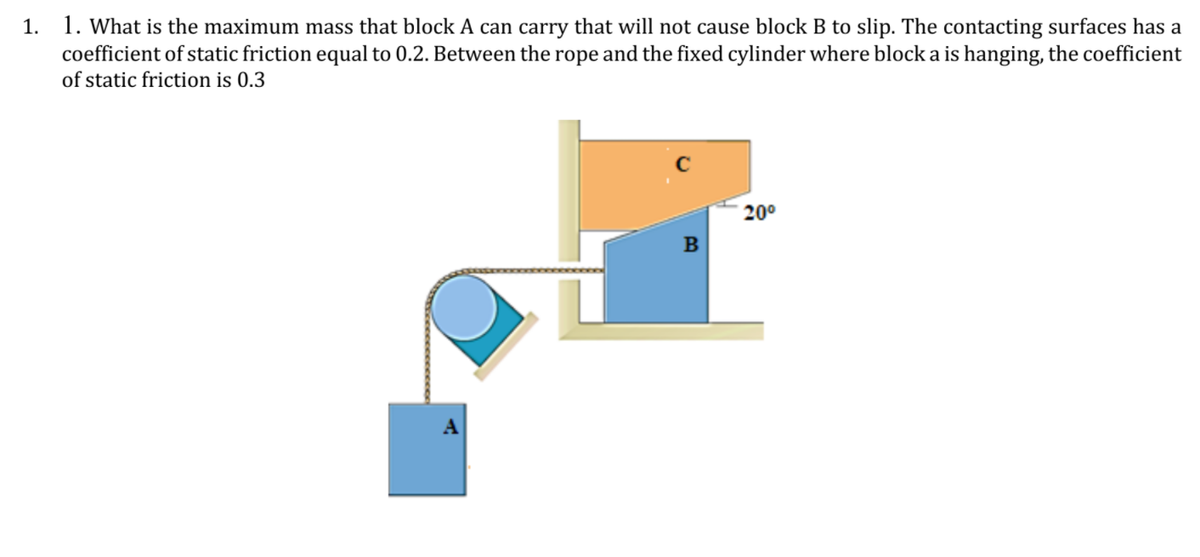 1. 1. What is the maximum mass that block A can carry that will not cause block B to slip. The contacting surfaces has a
coefficient of static friction equal to 0.2. Between the rope and the fixed cylinder where block a is hanging, the coefficient
of static friction is 0.3
200
B
