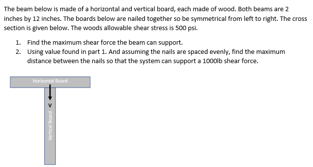 The beam below is made of a horizontal and vertical board, each made of wood. Both beams are 2
inches by 12 inches. The boards below are nailed together so be symmetrical from left to right. The cross
section is given below. The woods allowable shear stress is 500 psi.
1. Find the maximum shear force the beam can support.
2. Using value found in part 1. And assuming the nails are spaced evenly, find the maximum
distance between the nails so that the system can support a 1000lb shear force.
Horizontal Board
Vertical Board