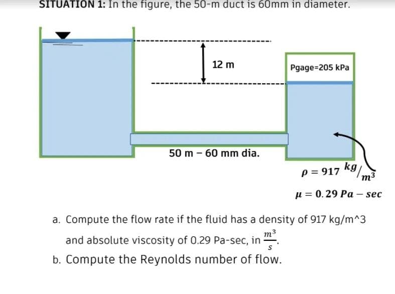 SITUATION 1: In the figure, the 50-m duct is 60mm in diameter.
12 m
Pgage=205 kPa
50 m - 60 mm dia.
kg
m3
p = 917
u = 0.29 Pa – sec
|
a. Compute the flow rate if the fluid has a density of 917 kg/m^3
and absolute viscosity of 0.29 Pa-sec, in
m3
b. Compute the Reynolds number of flow.
