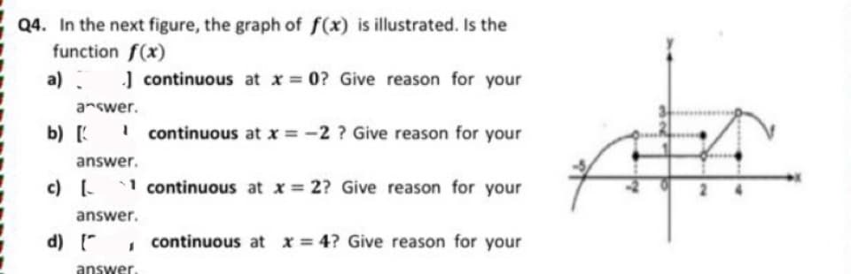 Q4. In the next figure, the graph of f(x) is illustrated. Is the
function f(x)
a) J continuous at x = 0? Give reason for your
answer.
3
b) K
I continuous at x = -2 ? Give reason for your
answer.
c) 1 continuous at x = 2? Give reason for your
answer.
d) "
continuous at x = 4? Give reason for your
answer.
