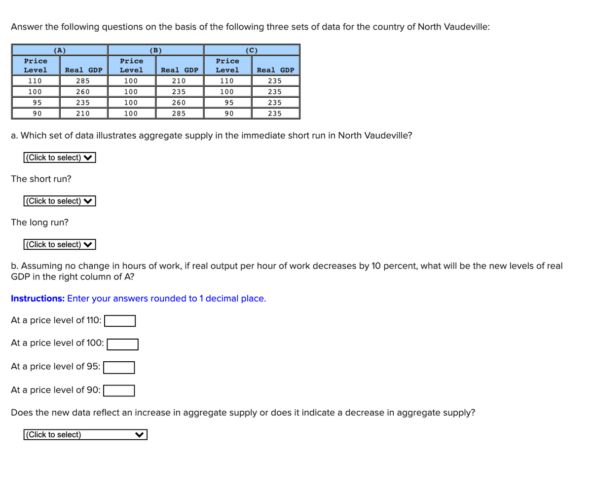 Answer the following questions on the basis of the following three sets of data for the country of North Vaudeville:
(А)
(В)
(C)
Price
Price
Price
Level
Real GDP
Level
Real GDP
Level
Real GDP
110
285
100
210
110
235
100
260
100
235
100
235
95
235
100
260
95
235
90
210
100
285
90
235
a. Which set of data illustrates aggregate supply in the immediate short run in North Vaudeville?
|(Click to select) V
The short run?
(Click to select) ♥
The long run?
(Click to select) V
b. Assuming no change in hours of work, if real output per hour of work decreases by 10 percent, what will be the new levels of real
GDP in the right column of A?
Instructions: Enter your answers rounded to 1 decimal place.
At a price level of 110:
At a price level of 100:
At a price level of 95:
At a price level of 90:
Does the new data reflect an increase in aggregate supply or does it indicate a decrease in aggregate supply?
(Click to select)
