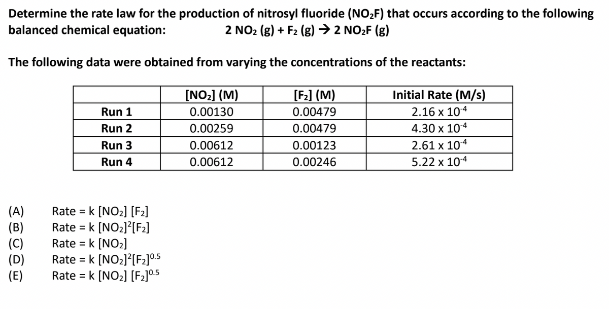Determine the rate law for the production of nitrosyl fluoride (NO2F) that occurs according to the following
balanced chemical equation:
2 NO2 (g) + F2 (g) → 2 NO2F (g)
The following data were obtained from varying the concentrations of the reactants:
[NO2] (M)
[F2] (M)
Initial Rate (M/s)
Run 1
0.00130
0.00479
2.16 x 104
Run 2
0.00259
0.00479
4.30 x 10-4
Run 3
0.00612
0.00123
2.61 x 104
Run 4
0.00612
0.00246
5.22 x 104
(A)
(B)
(C)
(D)
(E)
Rate = k [NO2] [F2]
Rate = k [NO2]?[F2]
Rate = k [NO2]
Rate = k [NO2]?[F2]0.5
Rate = k [NO2] [F2]0.5
