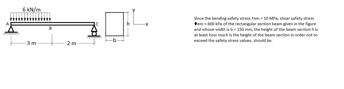 6 kN/m
Since the bending safety stress *em = 10 MPa, shear safety stress
h
em = 600 kPa of the rectangular section beam given in the figure
В
and whose width is b = 150 mm, the height of the beam section h is
at least how much is the height of the beam section in order not to
exceed the safety stress values. should be.
-b
-3 m
2 m
