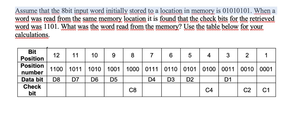 Assume that the 8bit input word initially stored to a location in memory is 01010101. When a
word was read from the same memory location it is found that the check bits for the retrieved
word was 1101. What was the word read from the memory? Use the table below for your
calculations.
Mwin nm
wwww mw m
mmmw m w
Bit
Position
12 11 10 9 8
7 6 5 4 3 2
1
Position
1100 1011 1010 1001 1000 0111 0110 0101 0100 0011 0010 0001
number
Data bit
D8
D7
D6
D5
D4
D3
D2
D1
Check
bit
C8
C4
C2
C1
