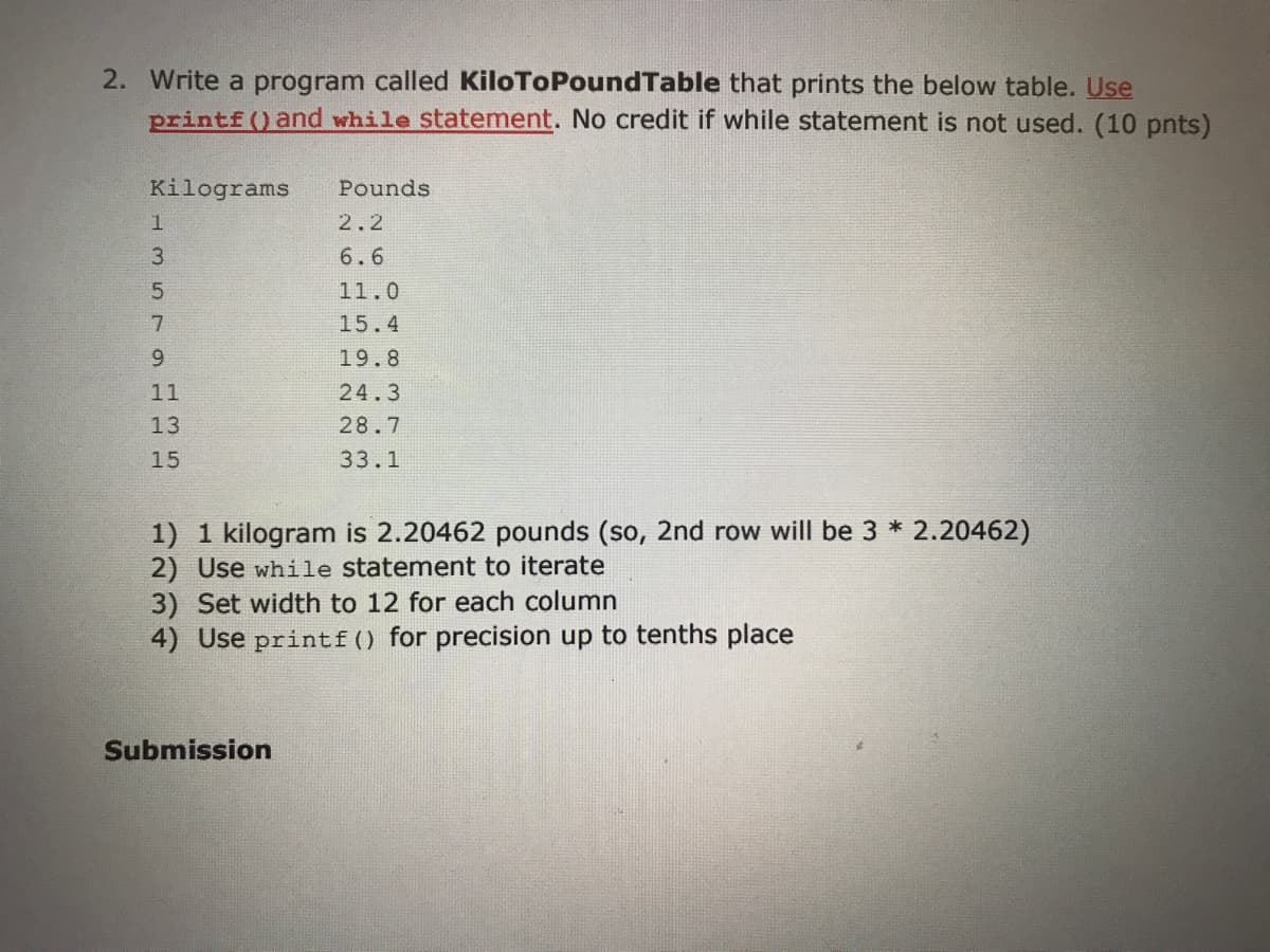 2. Write a program called KiloToPoundTable that prints the below table. Use
printf () and while statement. No credit if while statement is not used. (10 pnts)
Kilograms
Pounds
2.2
3.
6.6
11.0
15.4
9.
19.8
11
24.3
13
28.7
15
33.1
1) 1 kilogram is 2.20462 pounds (so, 2nd row will be 3 * 2.20462)
2) Use while statement to iterate
3) Set width to 12 for each column
4) Use printf() for precision up to tenths place
Submission
