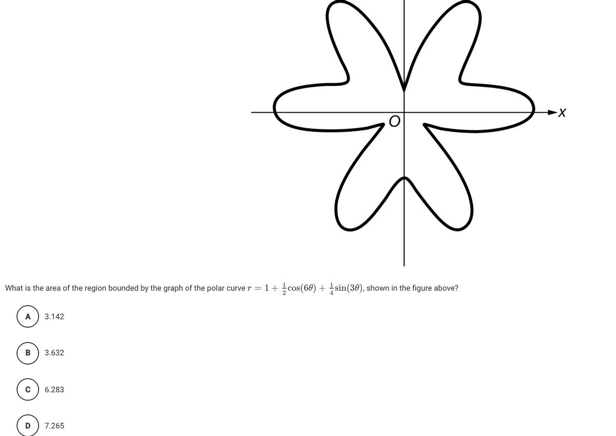 What is the area of the region bounded by the graph of the polar curve r = 1+ cos(60) + sin(30), shown in the figure above?
A
3.142
В
3.632
6.283
7.265
