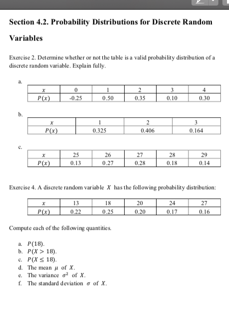 Section 4.2. Probability Distributions for Discrete Random
Variables
Exercise 2. Determine whether or not the table is a valid probability distribution of a
discrete random variable. Explain fully
a.
0.25
0.50
0,35
0,10
0.30
b.
0.325
0.406
0,164
C.
26
0.27
27
28
0.18
29
0,14
0.13
Exercise 4. A discrete random variable X has the following probability distribution:
24
0.17
27
0.16
20
0,22
0.25
0,20
Compute each of the following quantities
a. P(18)
b. P(X> 18)
c, P(X 18)
d, The mean μ of X
e. The variance σ2 of X
f. The standard deviation σ of X
