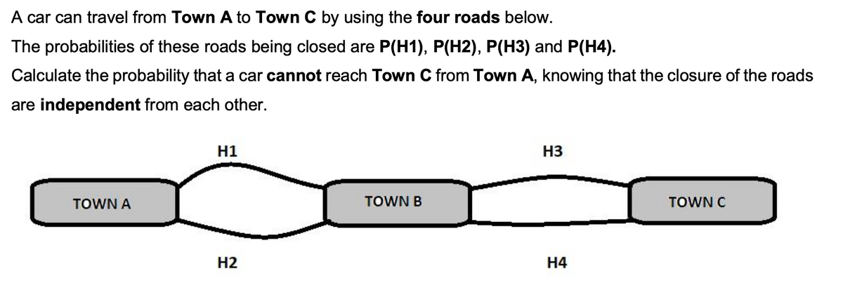 A car can travel from Town A to Town C by using the four roads below.
The probabilities of these roads being closed are P(H1), P(H2), P(H3) and P(H4).
Calculate the probability that a car cannot reach Town C from Town A, knowing that the closure of the roads
are independent from each other.
H1
H3
TOWN A
TOWN B
TOWN C
H2
Н4
