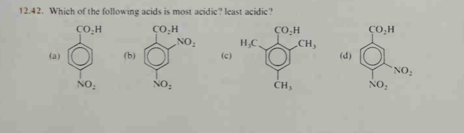 12.42. Which of the following acids is most acidie? least acidic?
ÇO,H
„CH,
ÇO,H
CO.H
NO:
CO.H
H,C,
(b)
(c)
(d)
(a)
NO:
NO,
CH3
NO:
NO:
