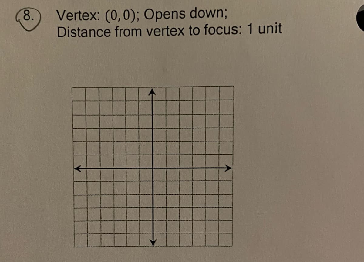 8.
Vertex: (0,0); Opens down;
Distance from vertex to focus: 1 unit
