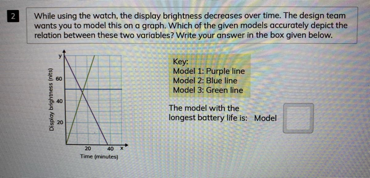 While using the watch, the display brightness decreases over time. The design team
wants you to model this on a graph. Which of the given models accurately depict the
relation between these two variables? Write your answer in the box given below.
2
Key:
Model 1: Purple line
Model 2: Blue line
60
Model 3: Green line
40
The model with the
longest battery life is: Model
20
40
Time (minutes)
Display brightness (nits)
20
