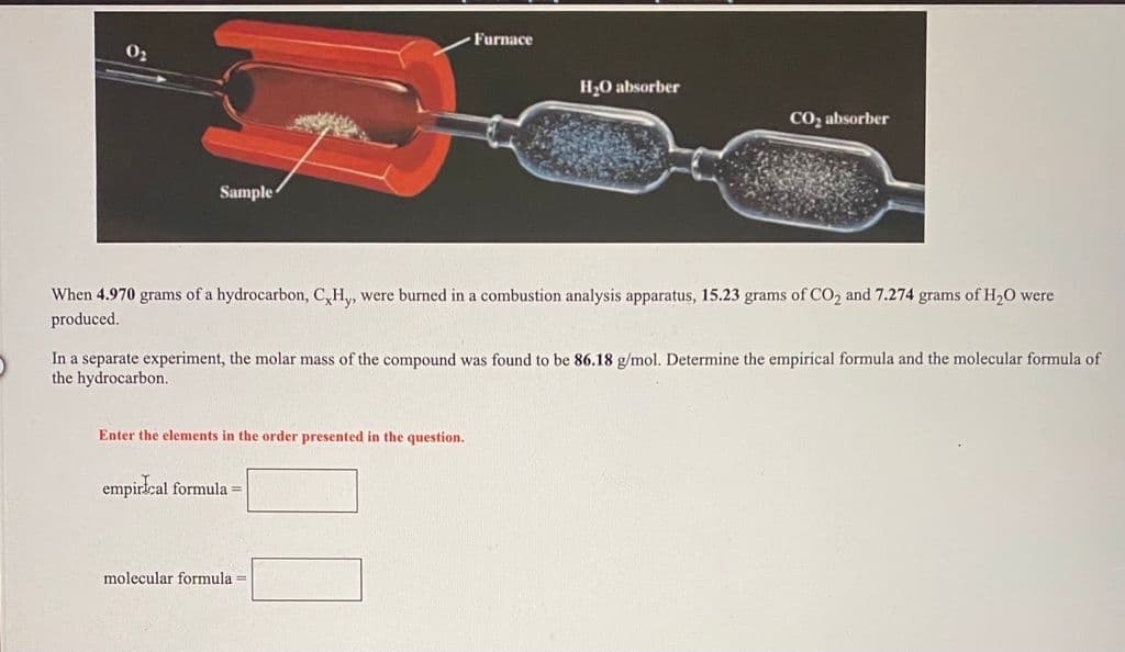 Furnace
H20 absorber
CO2 absorber
Sample
When 4.970 grams of a hydrocarbon, C,H, were burned in a combustion analysis apparatus, 15.23 grams of CO, and 7.274 grams of H,0 were
produced.
In a separate experiment, the molar mass of the compound was found to be 86.18 g/mol. Determine the empirical formula and the molecular formula of
the hydrocarbon.
Enter the elements in the order presented in the question.
empirtcal formula =
molecular formula =
