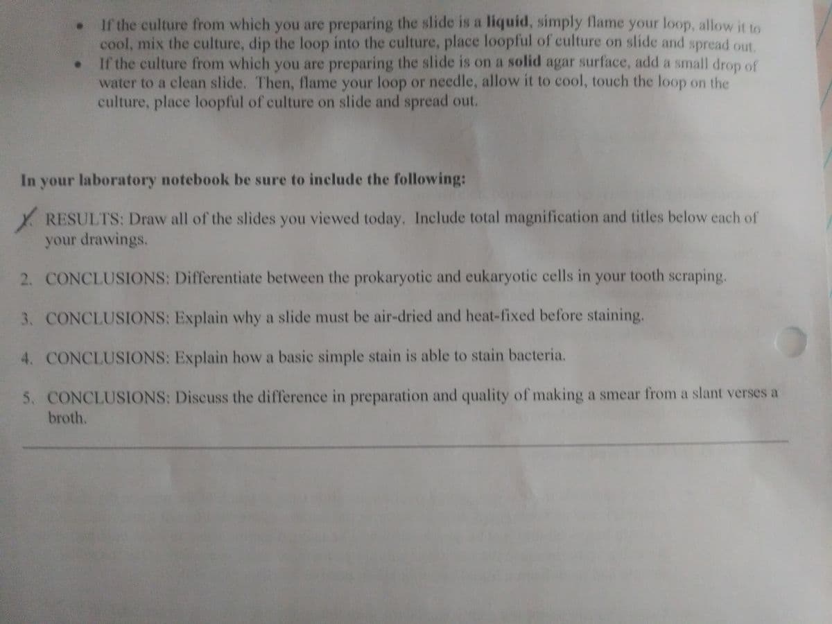 . If the culture from which you are preparing the slide is a liquid, simply flame your loop, allow it to
cool, mix the culture, dip the loop into the culture, place loopful of culture on slide and spread out.
If the culture from which you are preparing the slide is on a solid agar surface, add a small drop of
water to a clean slide. Then, flame your loop or needle, allow it to cool, touch the loop on the
culture, place loopful of culture on slide and spread out.
In your laboratory notebook be sure to include the following:
RESULTS: Draw all of the slides you viewed today. Include total magnification and titles below each of
your drawings.
2.
CONCLUSIONS: Differentiate between the prokaryotic and eukaryotic cells in your tooth scraping.
3. CONCLUSIONS: Explain why a slide must be air-dried and heat-fixed before staining.
4. CONCLUSIONS: Explain how a basic simple stain is able to stain bacteria.
5. CONCLUSIONS: Discuss the difference in preparation and quality of making a smear from a slant verses a
broth.