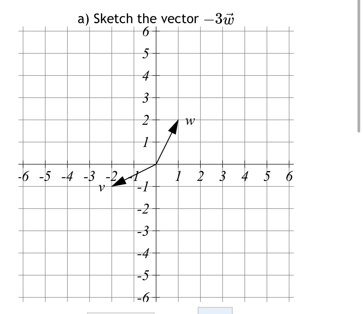 a) Sketch the vector -3
6
5
4
3
2
1
-6 -5 -4 -3
F-1
-2
-3
-4
-5
|-6
W
1 2
3 4 5