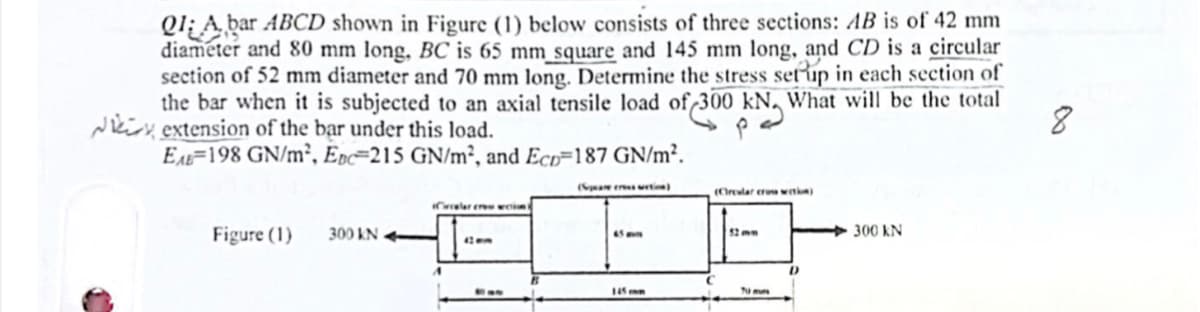 Ql; A bar ABCD shown in Figure (1) below consists of three sections: AB is of 42 mm
diameter and 80 mm long, BC is 65 mm square and 145 mm long, and CD is a circular
section of 52 mm diameter and 70 mm long. Determine the stress setup in each section of
the bar when it is subjected to an axial tensile load of 300 kN. What will be the total
Nkiy, extension of the bar under this load.
EAL=198 GN/m², Epc=215 GN/m², and Ecp=187 GN/m².
(a e tie)
(COrealar ero wne
eler ere wi
Figure (1)
300 kN
300 kN
$2 mm
u mm

