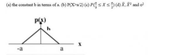 (a) the constant b in terms of a. (b) P(X>a/2) (e) P( < X <(d) X, X² and o?
P(x)
-a
a
