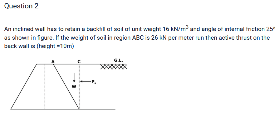 Question 2
An inclined wall has to retain a backfill of soil of unit weight 16 kN/m³ and angle of internal friction 25⁰
as shown in figure. If the weight of soil in region ABC is 26 kN per meter run then active thrust on the
back wall is (height =10m)
W
-P₂
G.L.