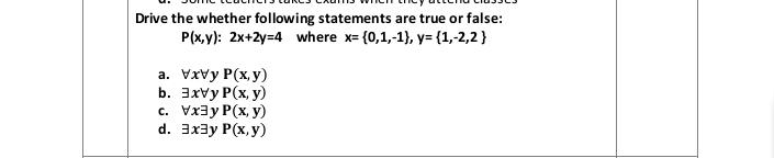 Drive the whether following statements are true or false:
P(x,y): 2x+2y=4 where x= {0,1,-1}, y= {1,-2,2}
а. VxVy P(х,у)
b. 3xvy P(x, y)
с. Vx3yP(х, у)
d. 3x3y P(x, y)
