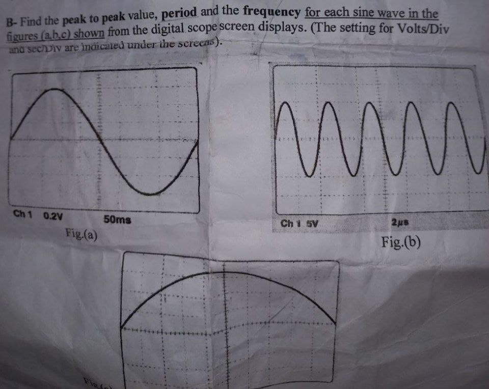 B-Find the peak to peak value, period and the frequency for each sine wave in the
figures (a.b.c) shown from the digital scope screen displays. (The setting for Volts/Div
and sechDiv are indicated under the screens).
Ch 1 0.2V
50ms
Chi SV
2us
Fig (a)
Fig.(b)
