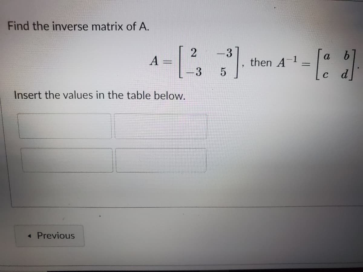 Find the inverse matrix of A.
-3
then A-1
3
c d]
Insert the values in the table below.
« Previous
