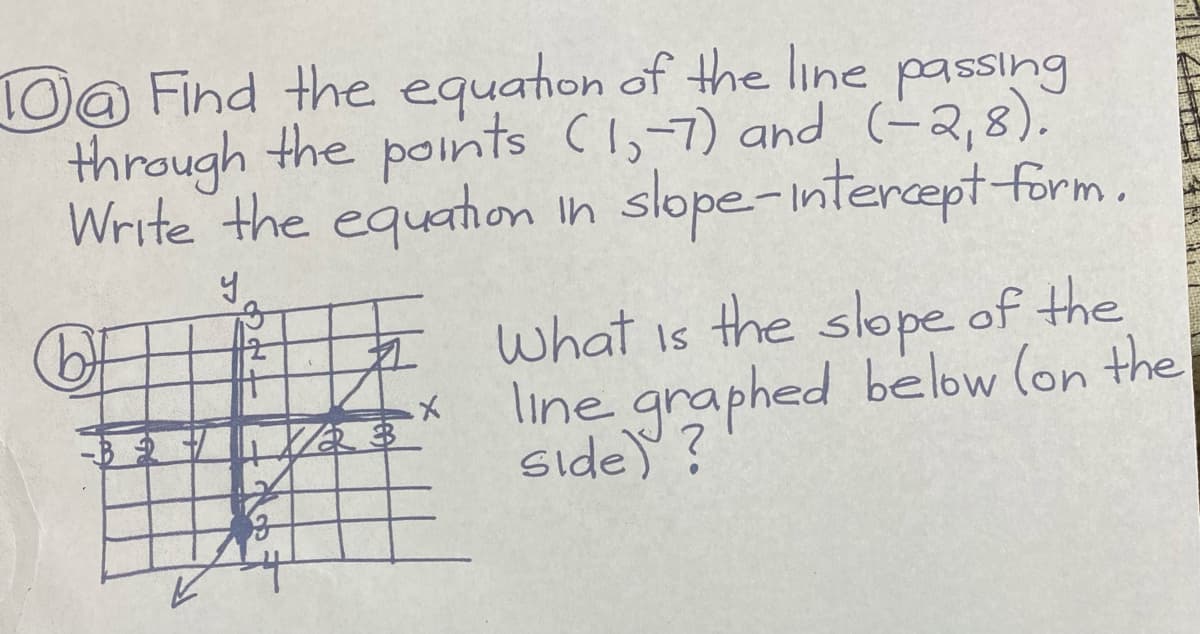 10@ Find the equaton of the line passing
through the points C1,-7) and (-2,8).
Write the equahom in slope-intercept form.
what is the slope of the
line graphed below (on the
side)?

