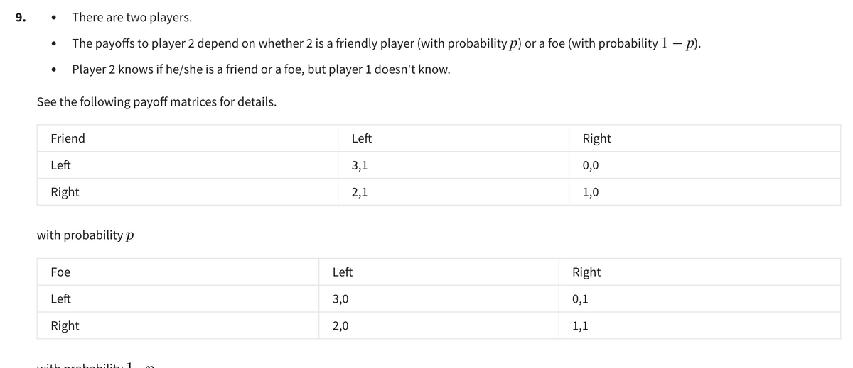 9.
●
There are two players.
●
The payoffs to player 2 depend on whether 2 is a friendly player (with probability p) or a foe (with probability 1 - p).
●
Player 2 knows if he/she is a friend or a foe, but player 1 doesn't know.
See the following payoff matrices for details.
Friend
Left
Right
Left
3,1
0,0
Right
2,1
1,0
with probability p
Foe
Right
Left
0,1
Right
1,1
probabili
1
Left
3,0
2,0